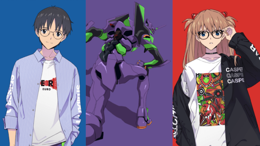 Shinji, Unit-01, and Asuka sport some fetching new glasses. Well, the giant robot doesn't, but is there for the ride. (Image: JINS)