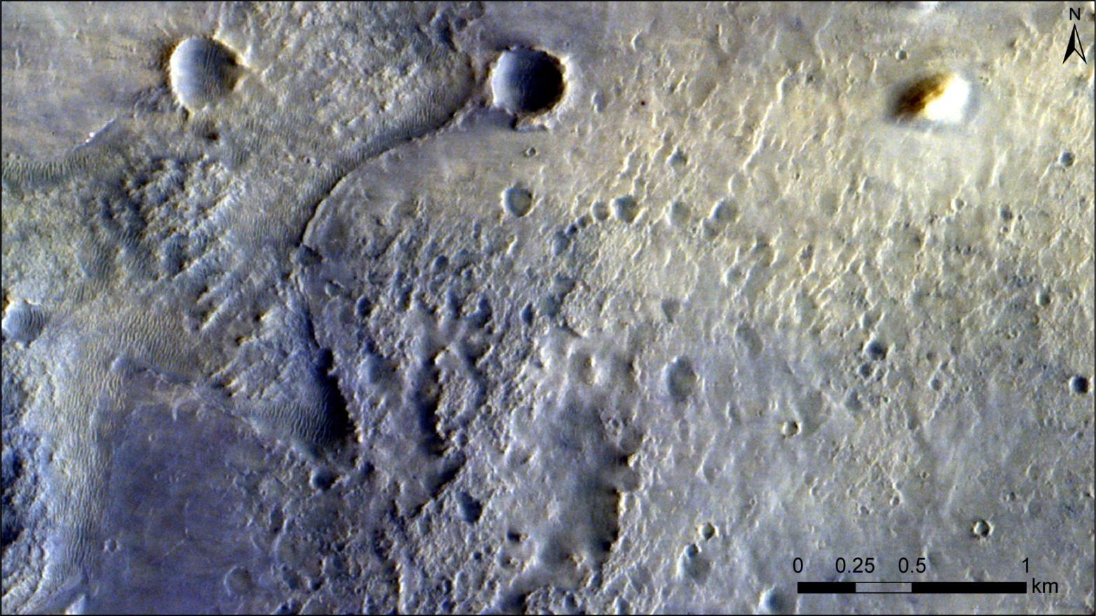 ExoMars image showing the Perseverance landing site on Mars.  (Image: ESA/Roscosmos/CaSSIS; acknowledgement P. Grindrod)