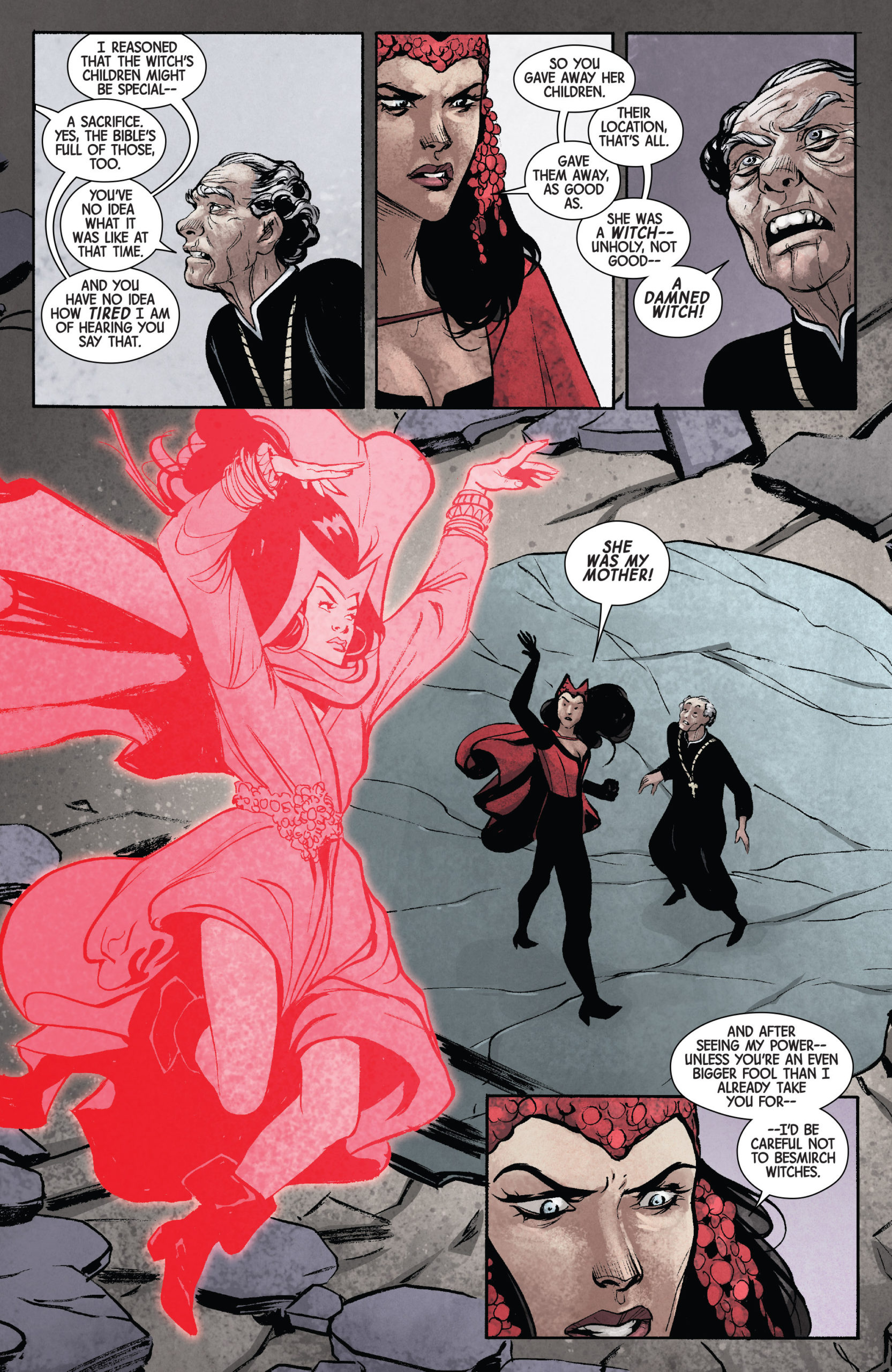 Wanda confronting one of the priests who sold her family out to the High Evolutionary. (Image: Leila Del Duca, Felipe Sobreiro, Cory Petit/Marvel)