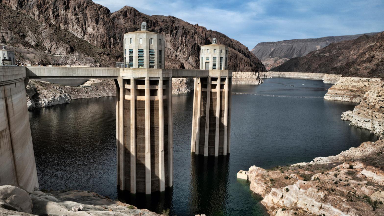A bathtub ring of light minerals shows the high water mark of the reservoir which has shrunk to its lowest point on the Colorado River, as seen from the Hoover Dam. (Photo: Richard Vogel, AP)