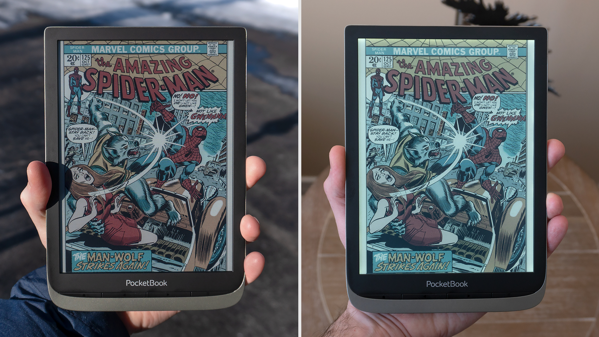 E Ink's colour electronic paper screens still look their best in bright sunlight, but version two does fare better under the InkPad Colour's LED sidelighting. (Photo: Andrew Liszewski/Gizmodo)