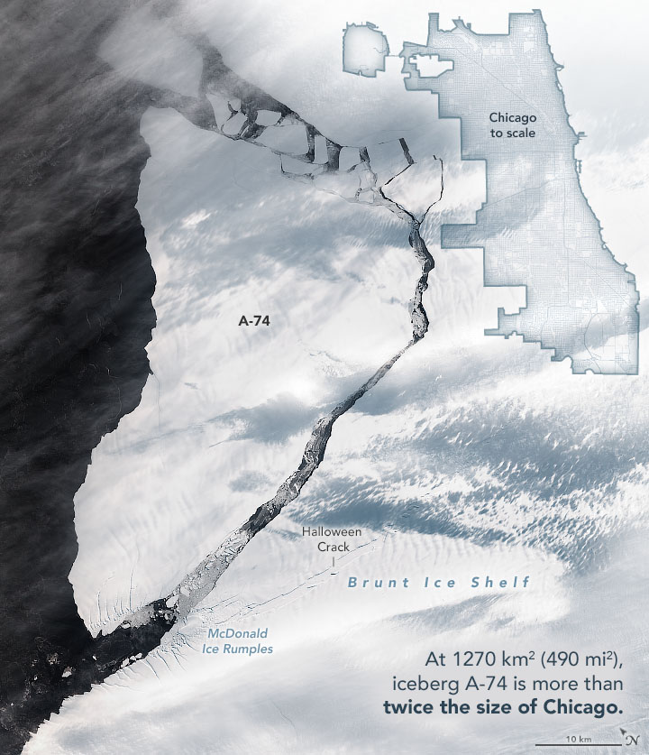 Annotated image showing the new iceberg and surrounding features.  (Image: Joshua Stevens, using Landsat data from the U.S. Geological Survey and data © OpenStreetMap contributors)
