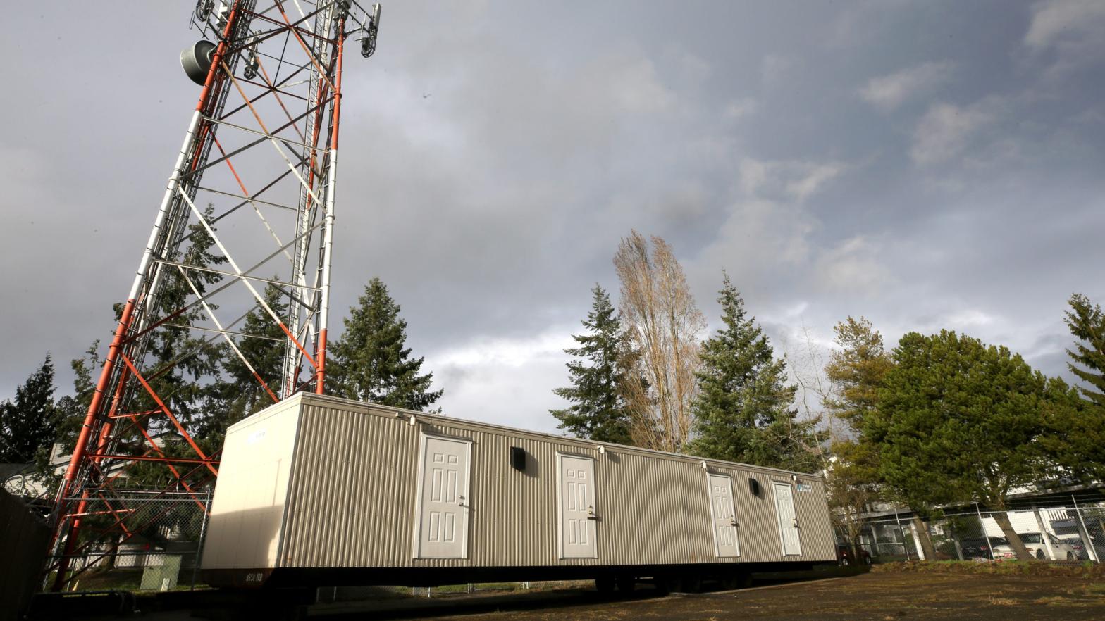 A radio tower behind a modular trailer in King County, Seattle, WA., March 3, 2021. (Photo: Karen Ducey, Getty Images)