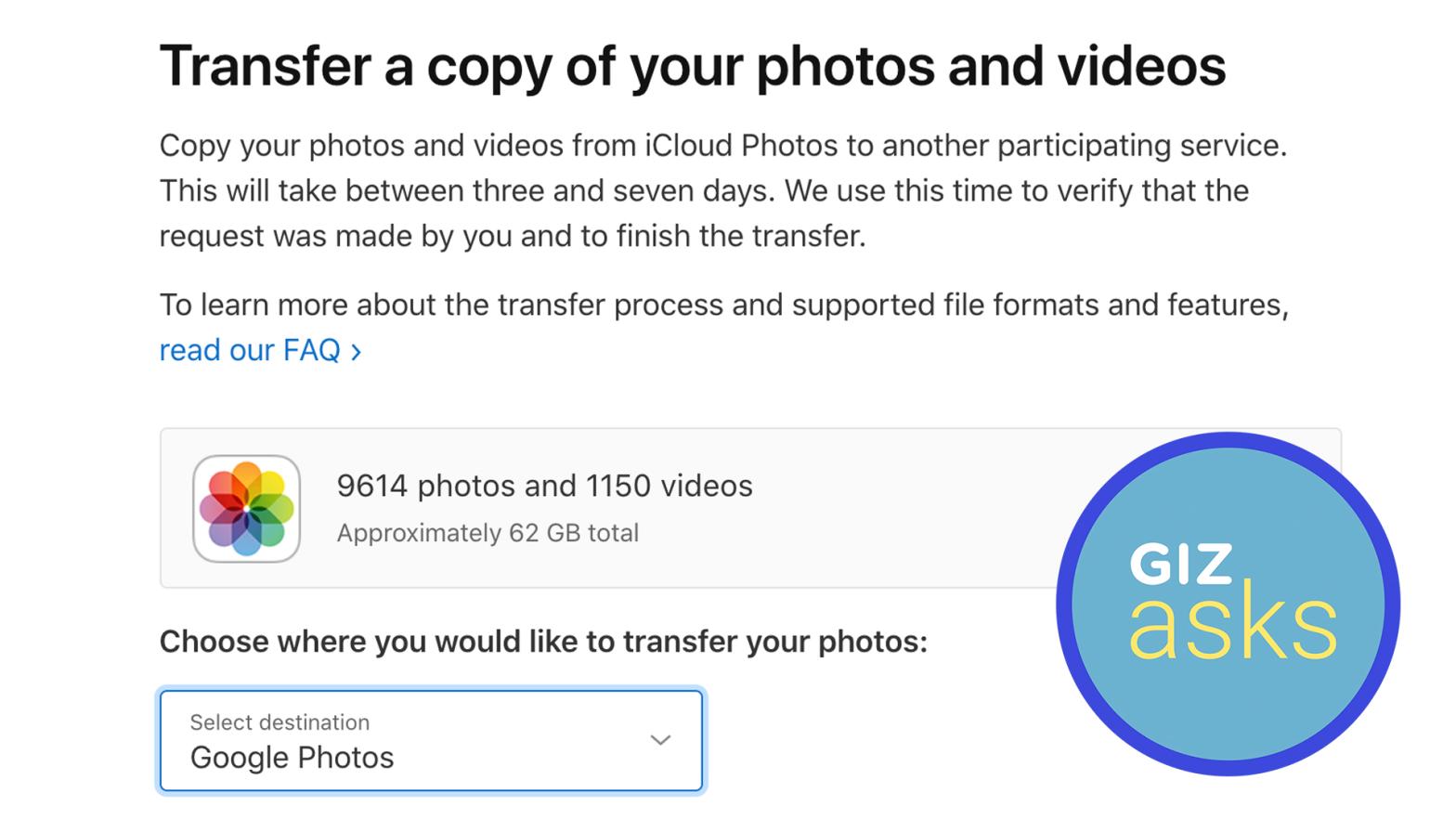 A screenshot of iCloud photo transfer to Google Photos