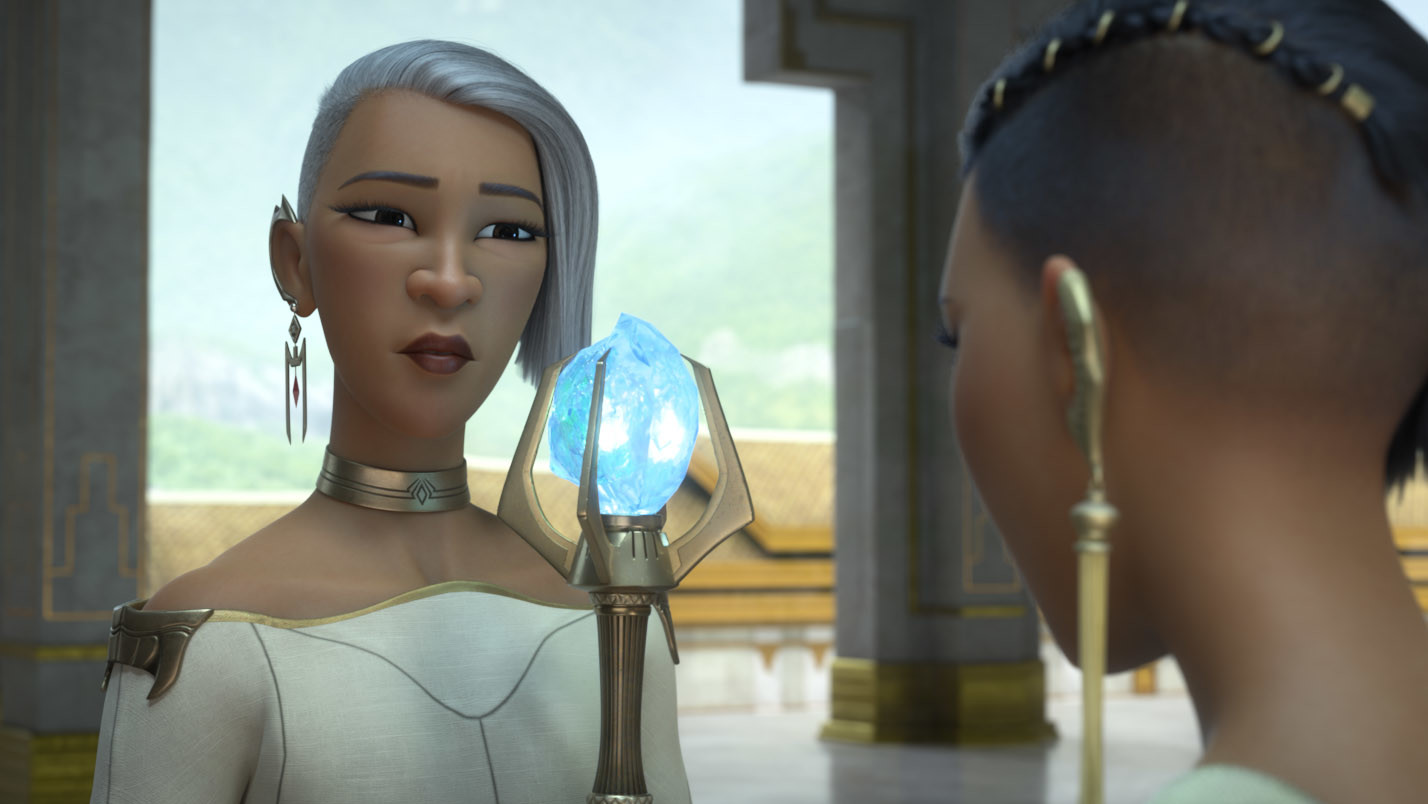 Leader of Fang, Virana (voiced by Sandra Oh), talks to her daughter Namaari (voiced by Gemma Chan) in Raya and the Last Dragon. (Image: Disney)