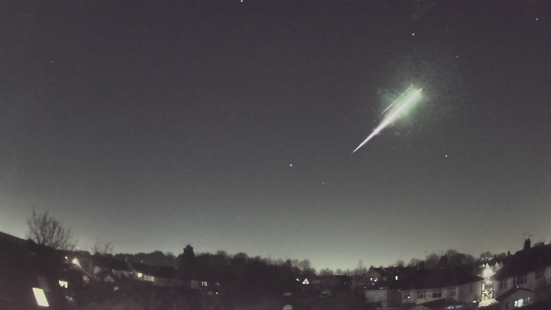 The fireball, as seen over the UK and northern Europe on Feb. 28, 2021. (Image: Ben Stanley/Markus Kempf/AllSky7 network via the University of Manchester)