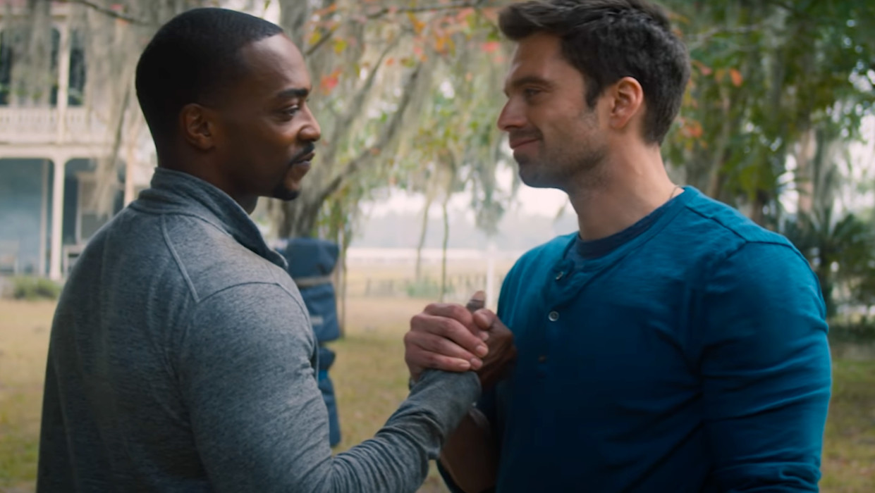 Sam (Anthony Mackie) and Bucky (Sebastian Stan) take a break from giving each other crap. (Image: Disney)