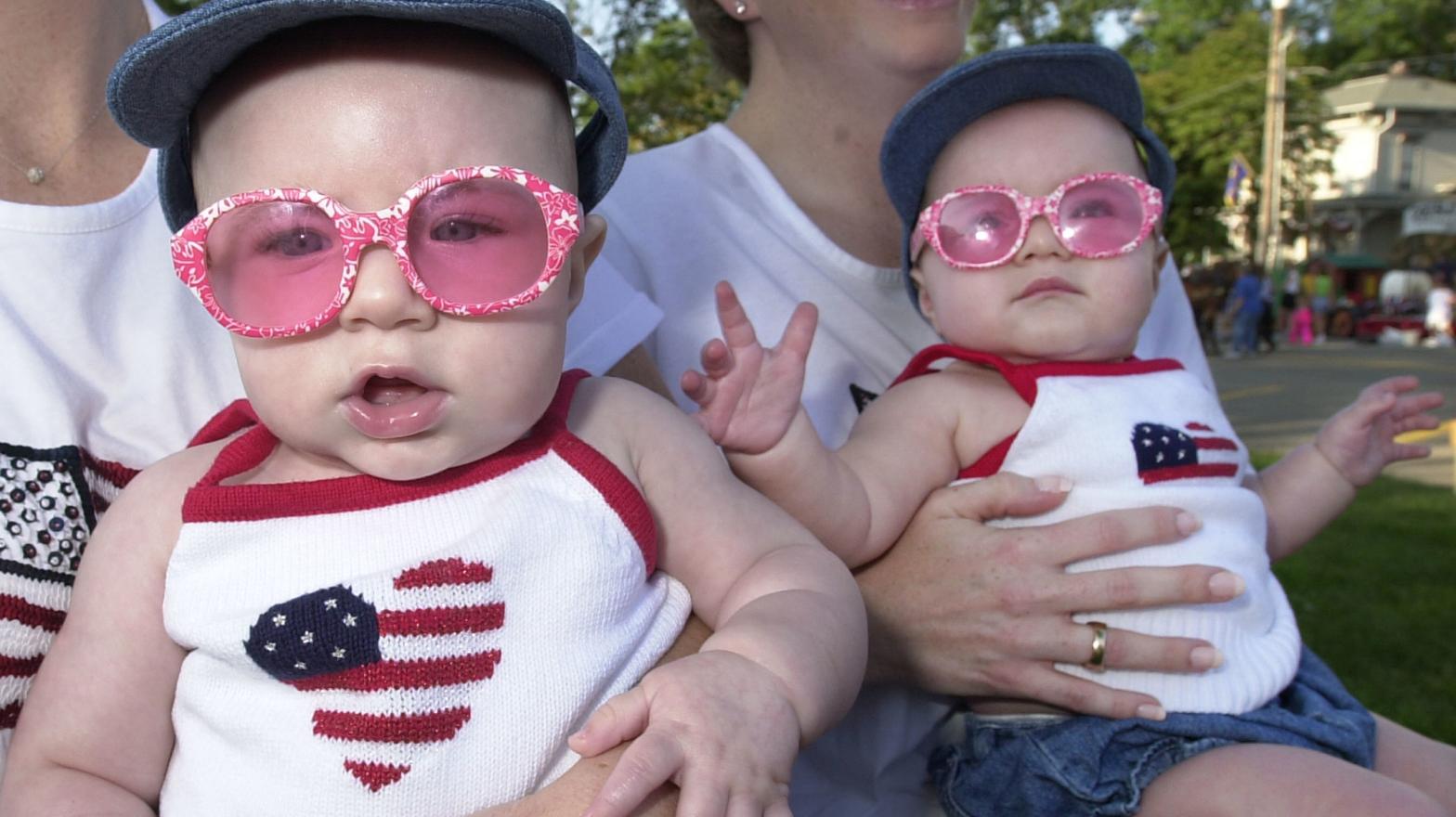 7-month-old twins  taking part in the Double Take Parade held August 3, 2002 at the Twins Days Festival in Twinsburg, Ohio.  (Photo: Mike Simons, Getty Images)