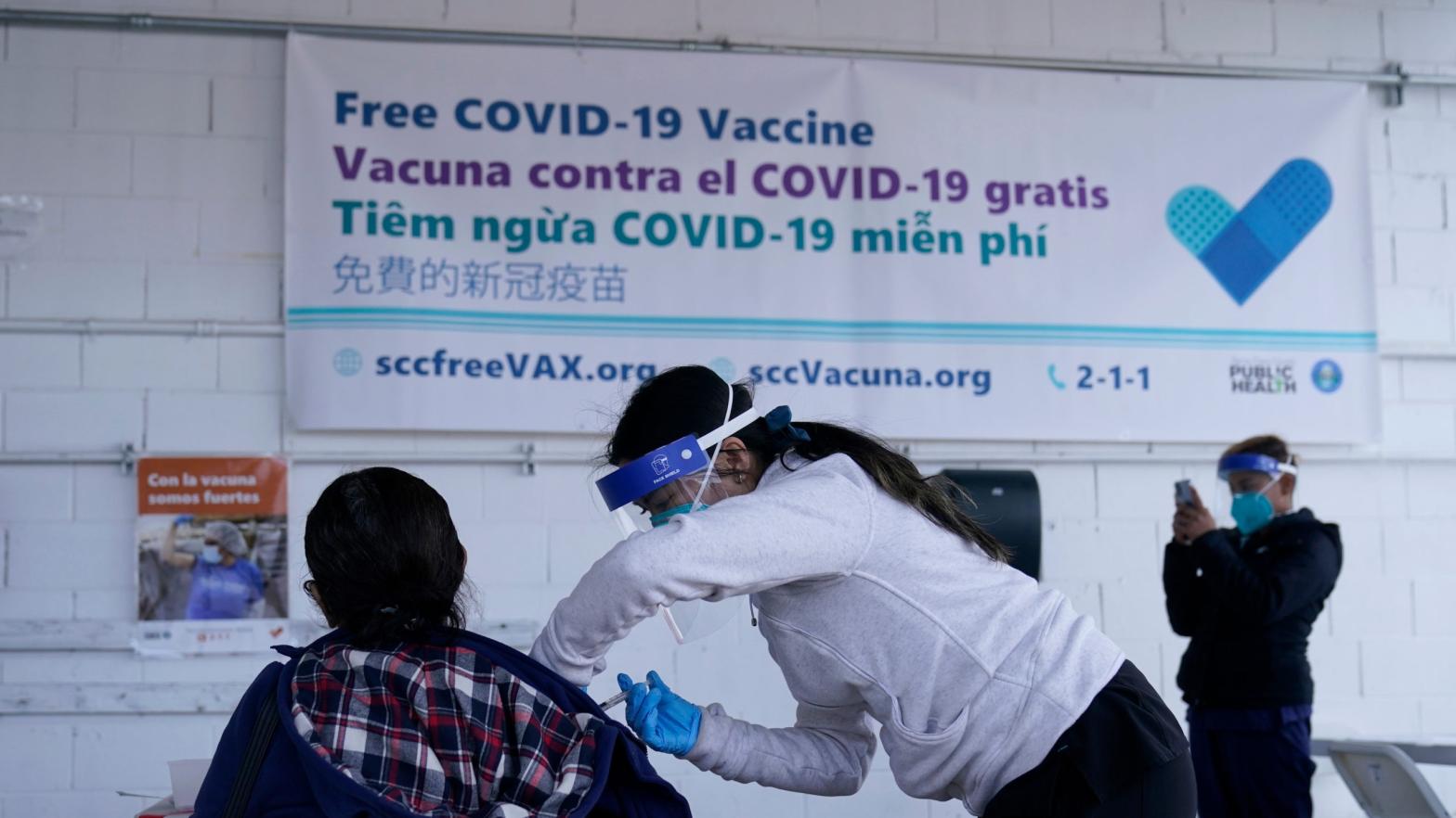 A farmworker receiving a dose of the Moderna vaccine at a mobile vaccination clinic in Morgan Hill, California on Wednesday, March 3, 2021.  (Photo: Jeff Chiu, AP)