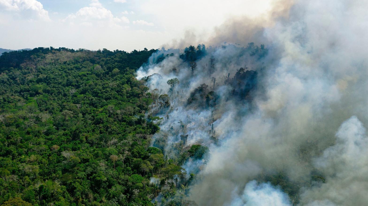 Aerial view of a burning area of Amazon rainforest reserve, south of Novo Progresso in Para state, on August 16, 2020. (Photo: Florian Plaucheur, Getty Images)