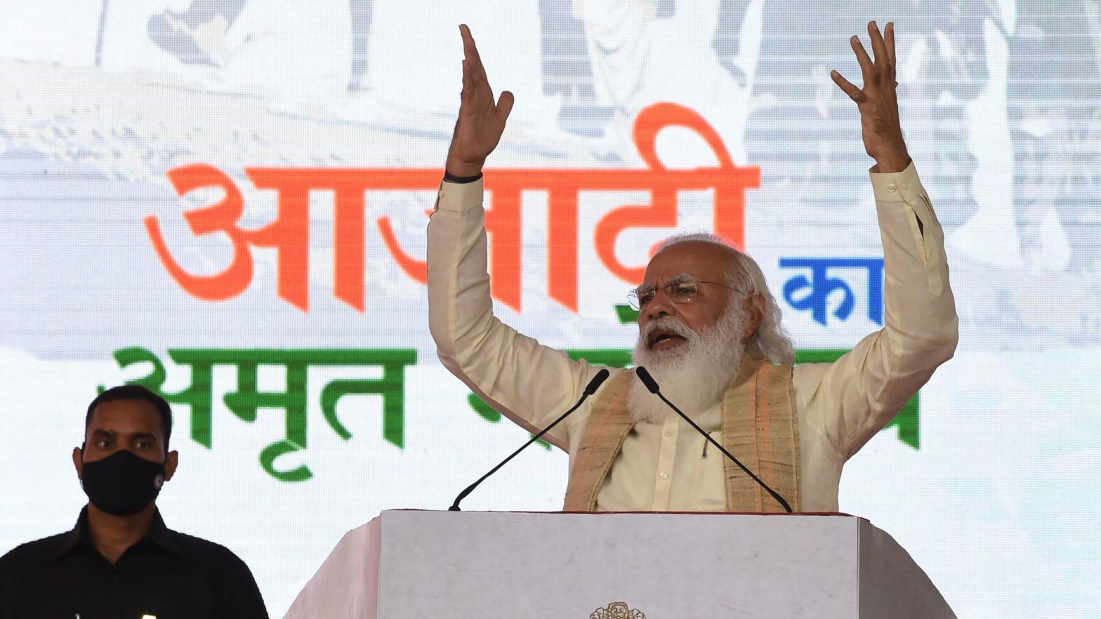 India's Prime Minister Narendra Modi addresses a gathering to mark the country's 75th year of independence, in Ahmedabad on March 12, 2021. (Photo: Sam Panthaky/AFP, Getty Images)