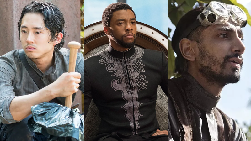Nominees Steven Yuen, Chadwick Boseman, and Riz Ahmed in their more nerdy roles. (Image: AMC, Marvel, and Lucasfilm)