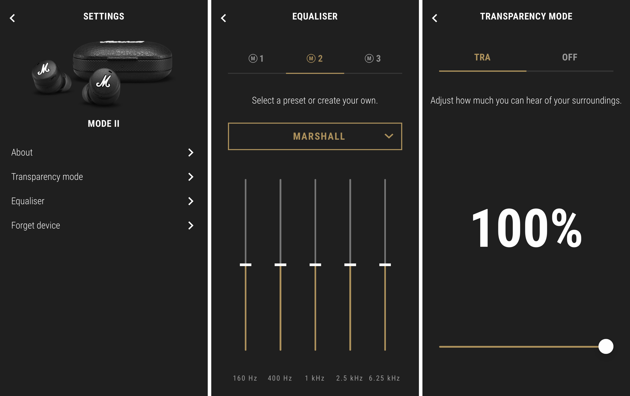 Marshall's app can be used to tweak the sound profile of the Marshall Mode IIs using an adjustable EQ, as well as turn on transparency mode and adjust the level of background noise you'll hear added to your mix. (Screenshot: Andrew Liszewski/Gizmodo)