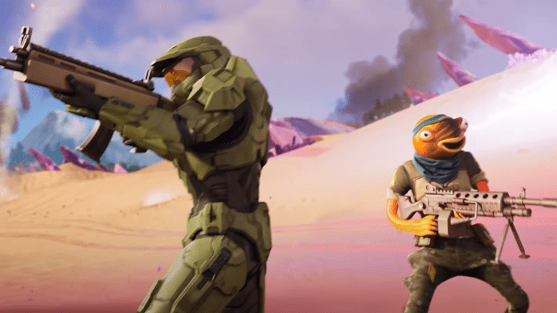 Halo's Master Chief fighting alongside a sentient Fish with an LMG. Named Fishstick. Because of course. (Screenshot: Epic Games)