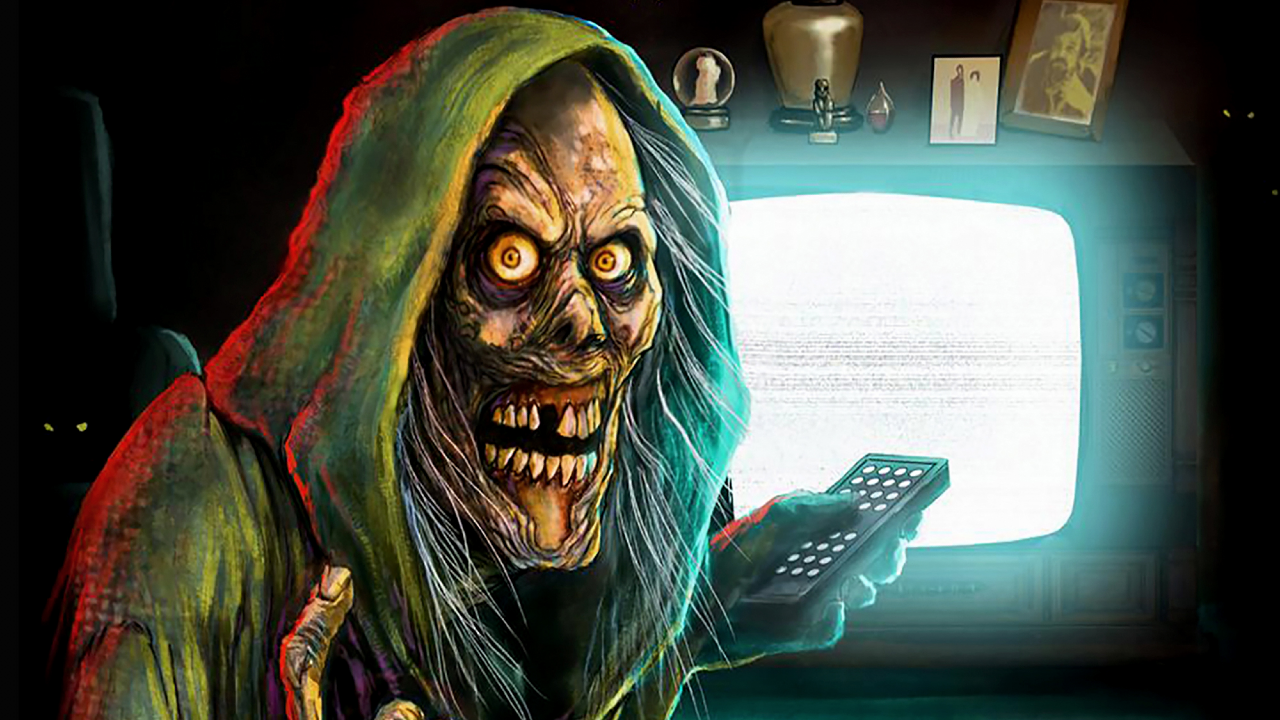 The Creep, who introduces each segment via comic-book pages, fondles the remote in key art from season one of Shudder's Creepshow. (Image: Shudder)