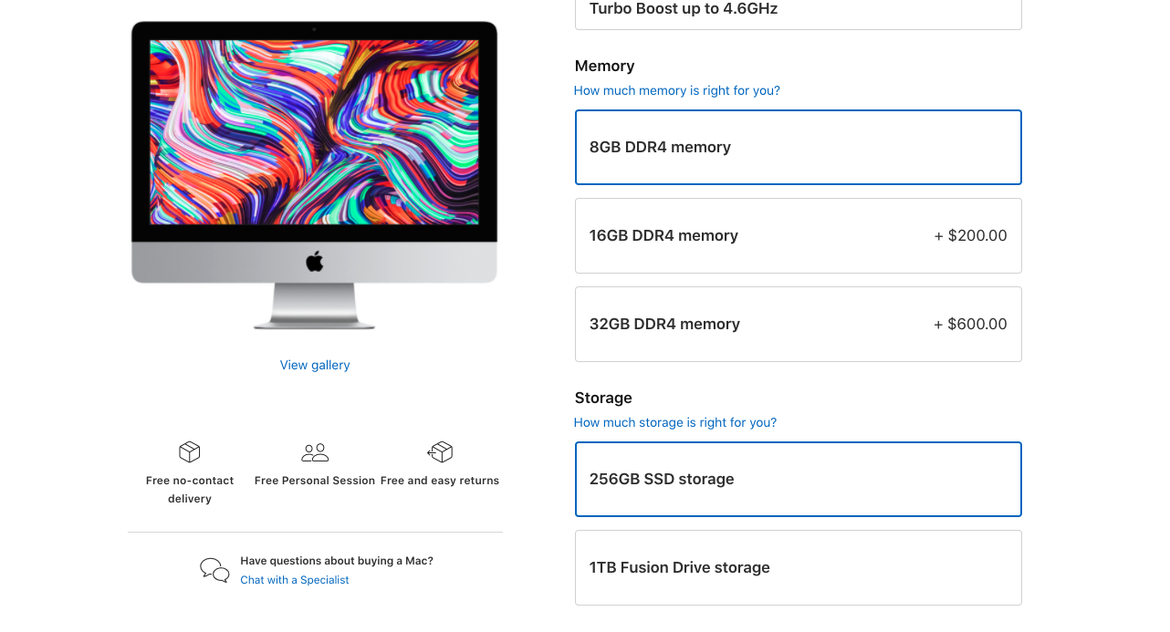 The Apple product page for the 21.5-inch iMac with Retina 4K display. (Screenshot: Apple/Gizmodo)