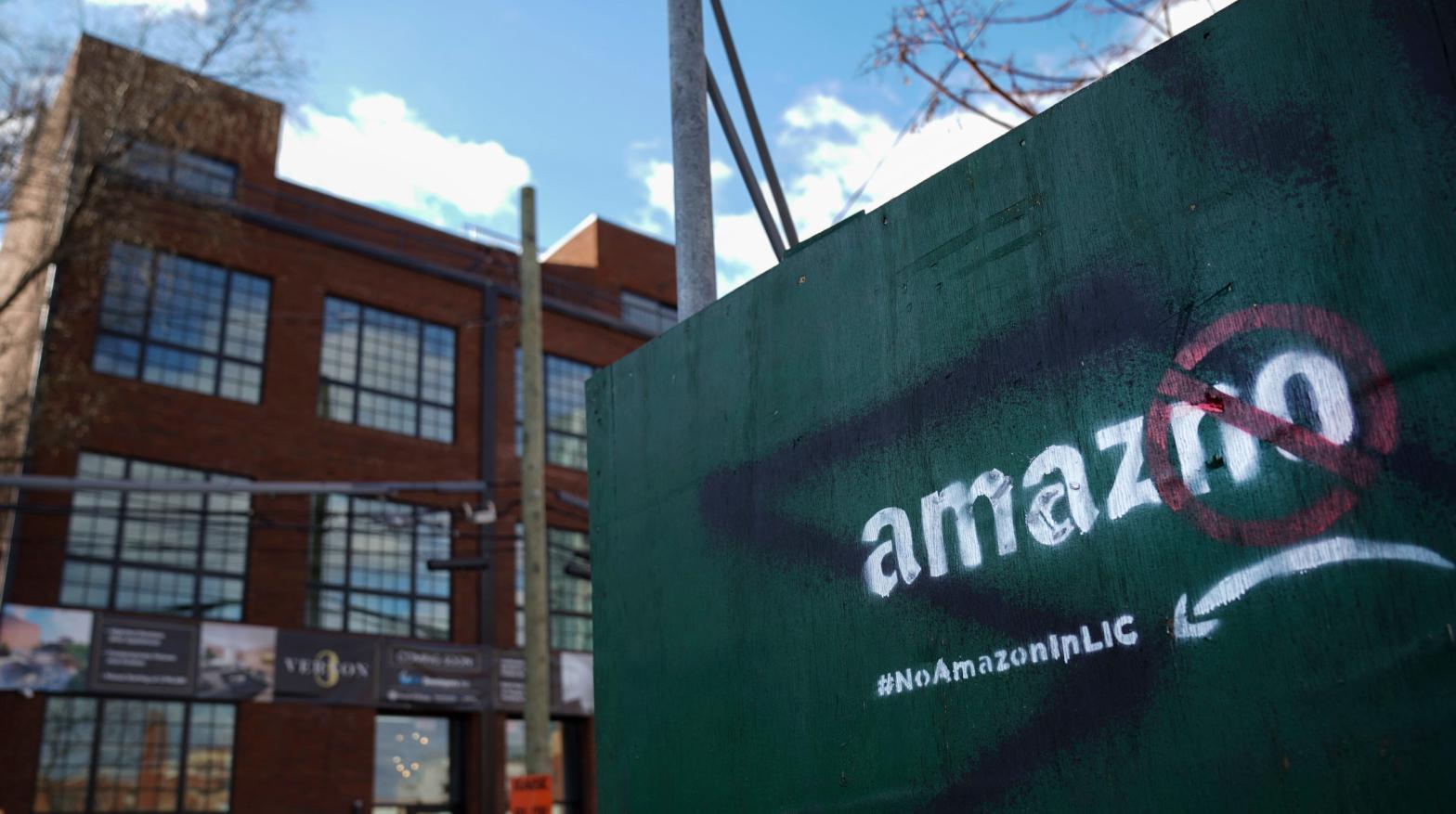 A protest message against Amazon's abandoned plans to open a headquarters building in Long Island City, Queens, in January 2019. (Photo: Drew Angerer, Getty Images)