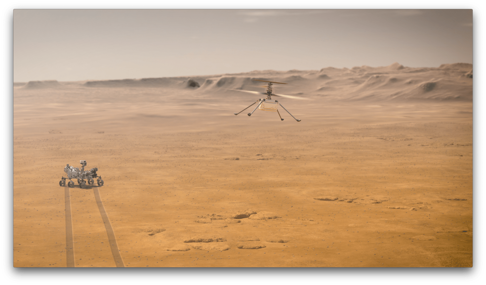A mock-up of the helicopter in flight over Jezero Crater on Mars. (Illustration: NASA/JPL-Caltech)