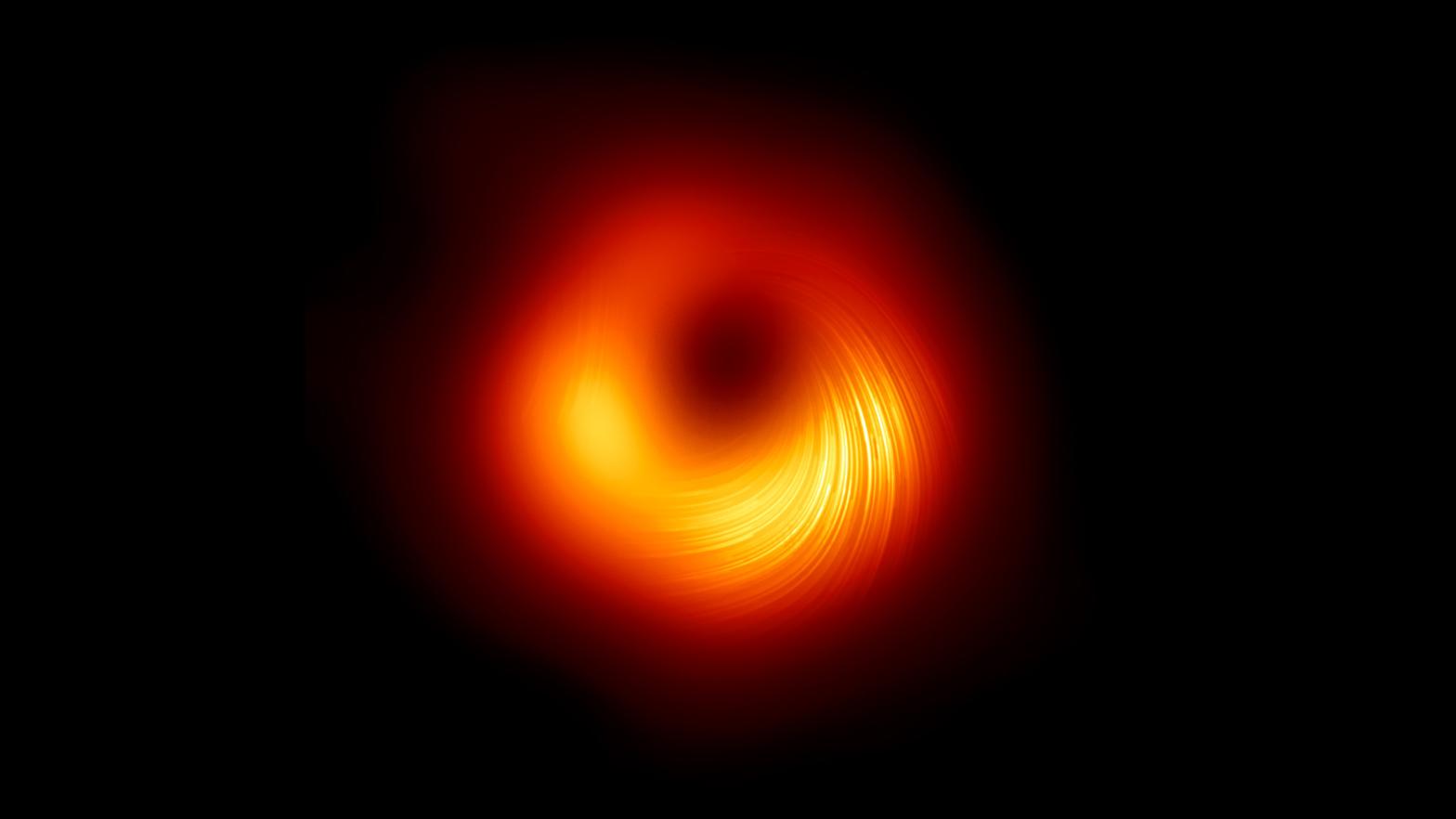 The polarised light image of the black hole's core, showing magnetic fields. (Image: EHT Collaboration)