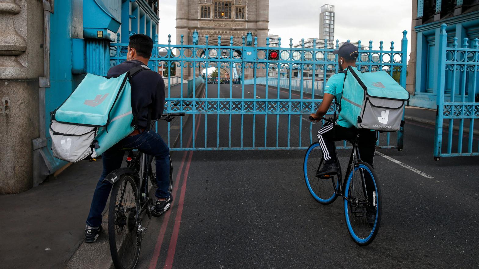 File photo of Deliveroo riders stuck on Tower Bridge in London, England. (Photo: Hollie Adams, Getty Images)