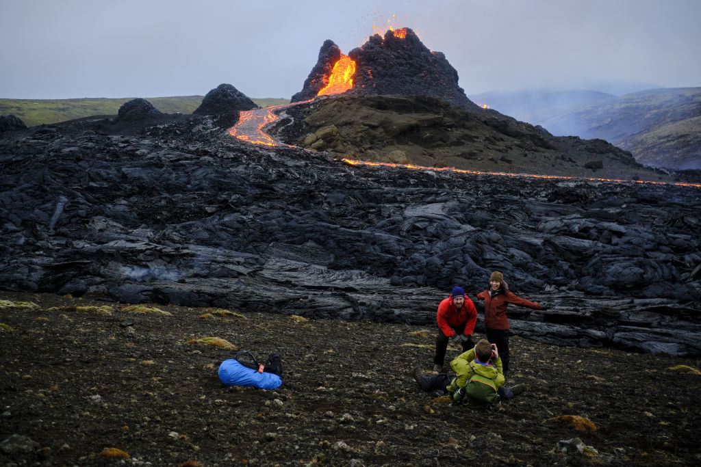GELDINGADALUR, ICELAND - MARCH 21: A view of volcano eruption in Geldingadalur on the Reykjanes peninsula in Iceland on March 21, 2021. 