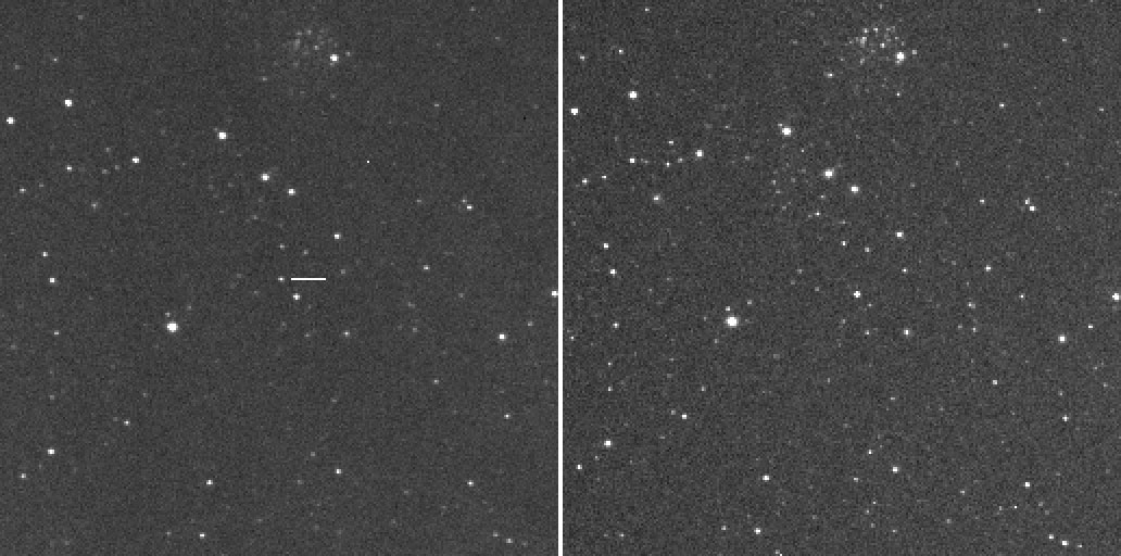 Left: The horizontal white line points to the new nova. Right: The same region of space seen four days earlier, sans nova.  (Image: Yuji Nakamura/NAOJ)
