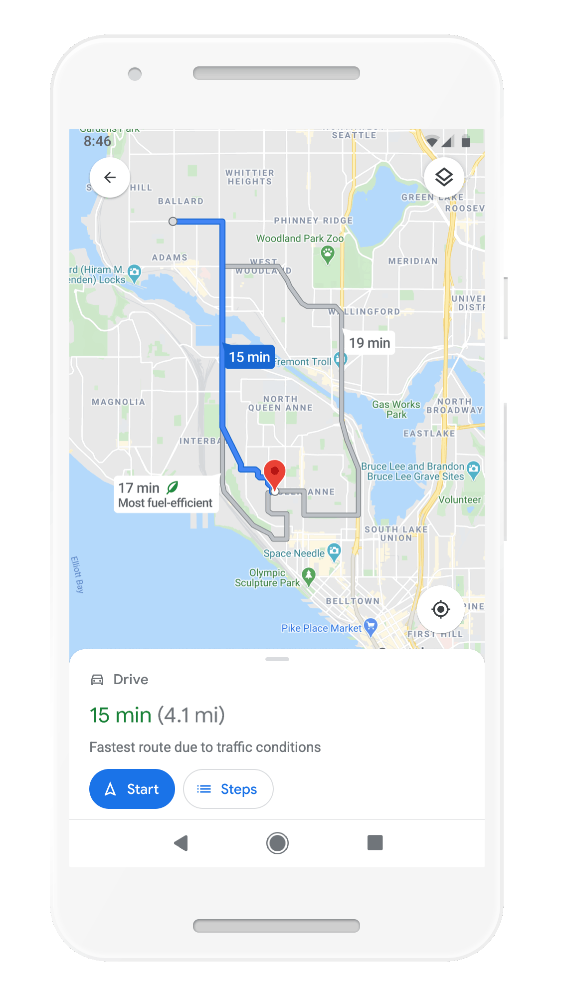 Google Maps will soon provide different routes based on speed and their potential environmental impact.  (Gif: Google)