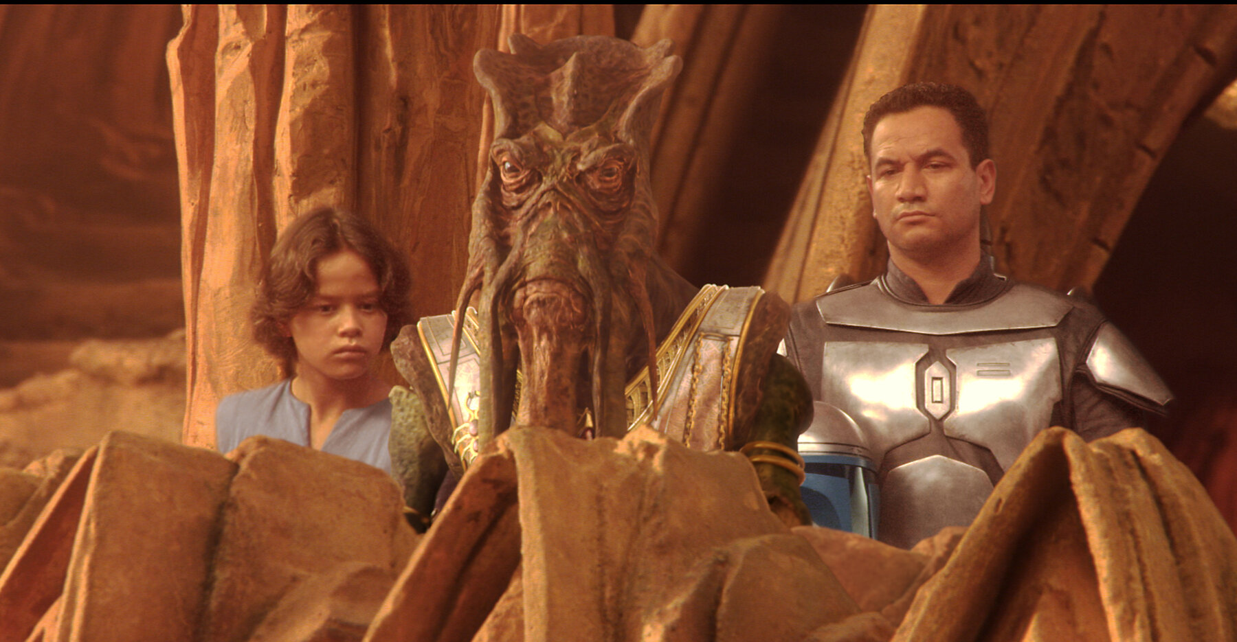 On the right: Actor Temuera Morrison as Jango Fett. To the left, the role of Boba Fett.... which Morrison is now playing. (Image: Disney)