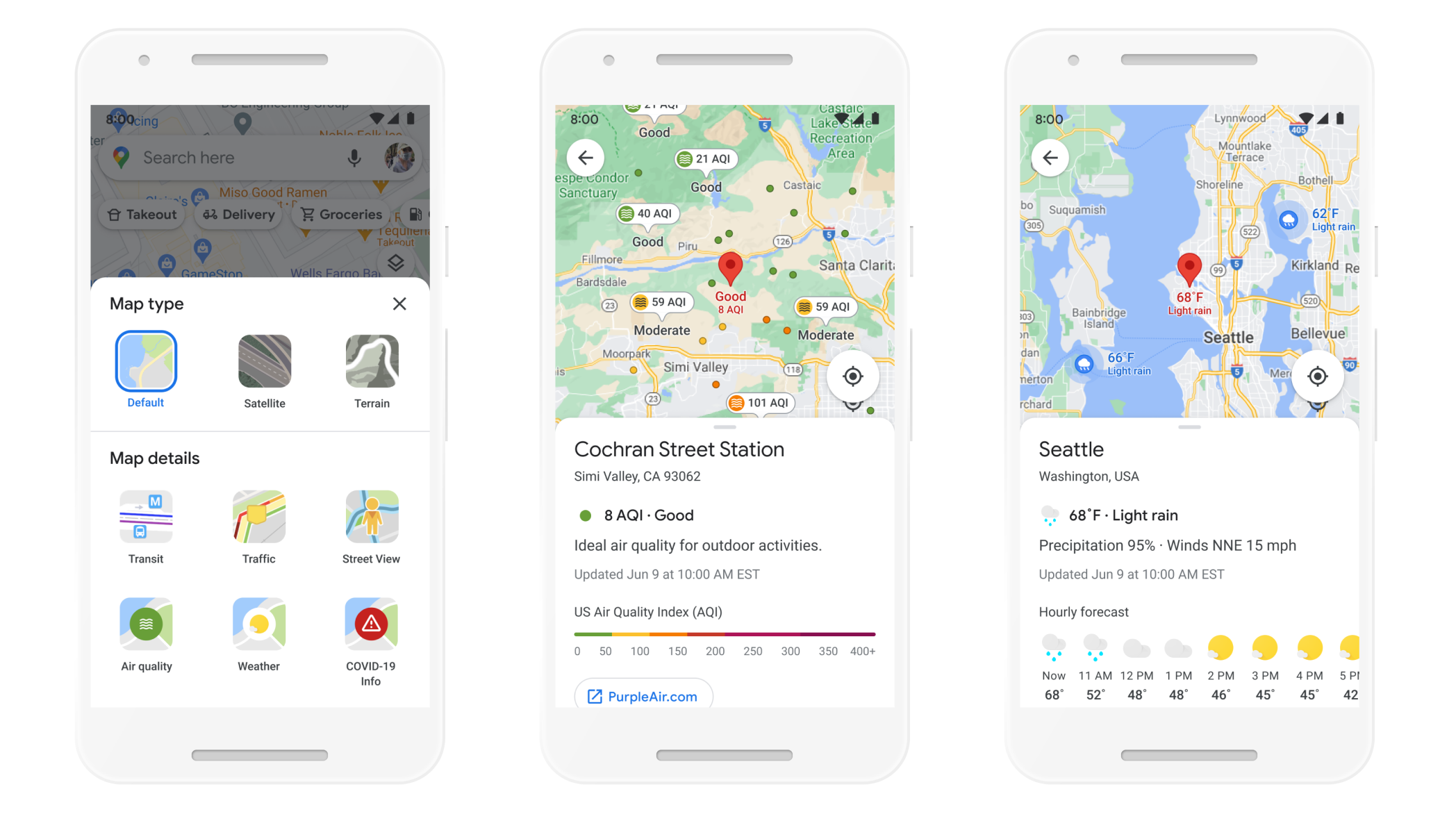 Here's a preview of what the new air quality and weather layers will look like in Google Maps.  (Image: Google)