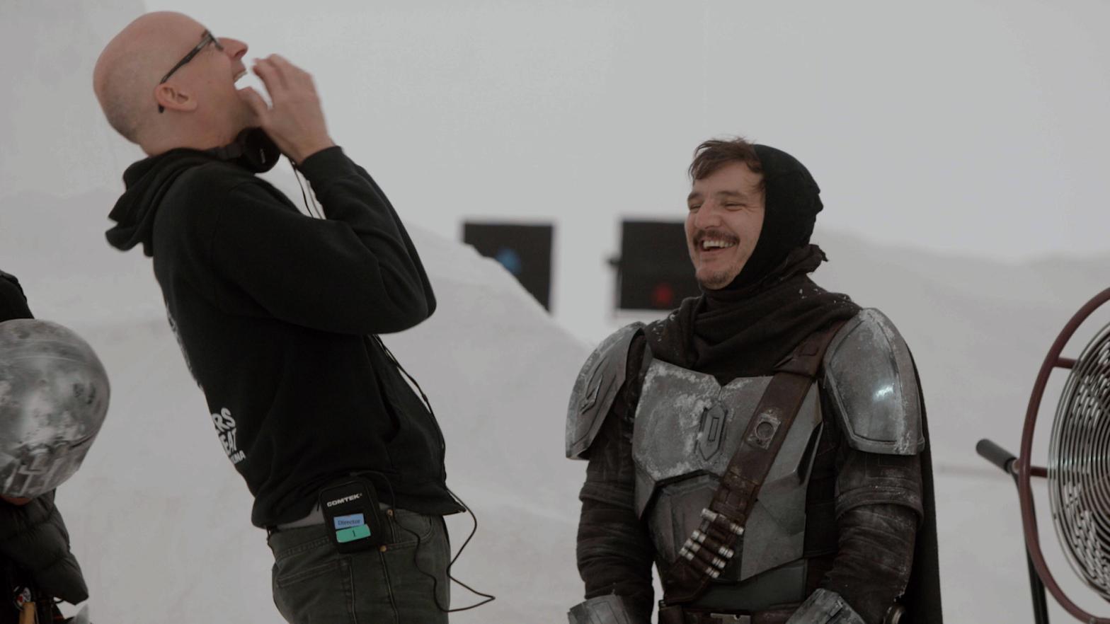 Director Peyton Reed and star Pedro Pascal share a moment inside a powerful filmmaking tool on the set of The Mandalorian. (Photo: Lucasfilm)