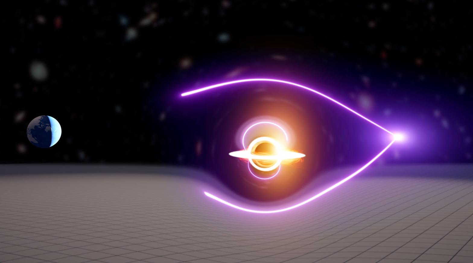 The gamma rays would bend around the black hole and return slightly offset signatures on the other side. (Illustration: Carl Knox, OzGrav)