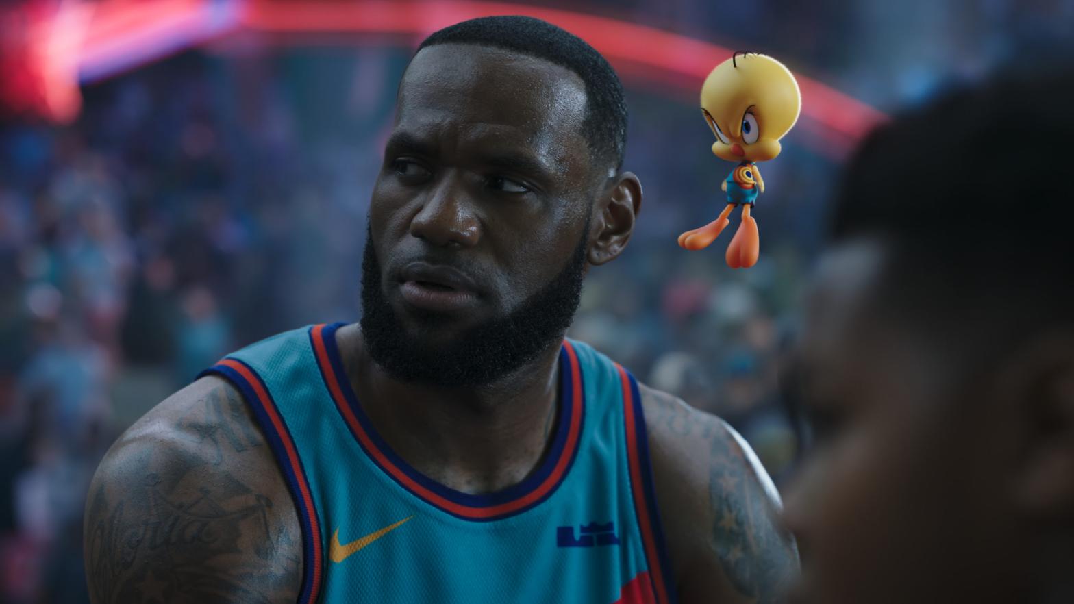 Lebron James and Tweety Bird look sceptical in Space Jam: A New Legacy. (Image: Warner Bros.)