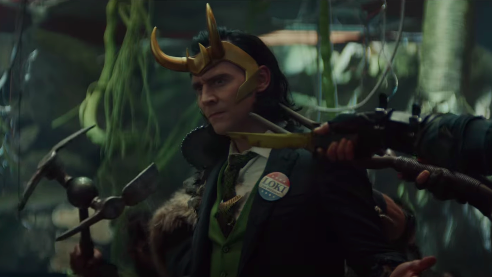Tom Hiddleston as Loki, who's running for something, apparently.  (Screenshot: Disney+/Marvel)