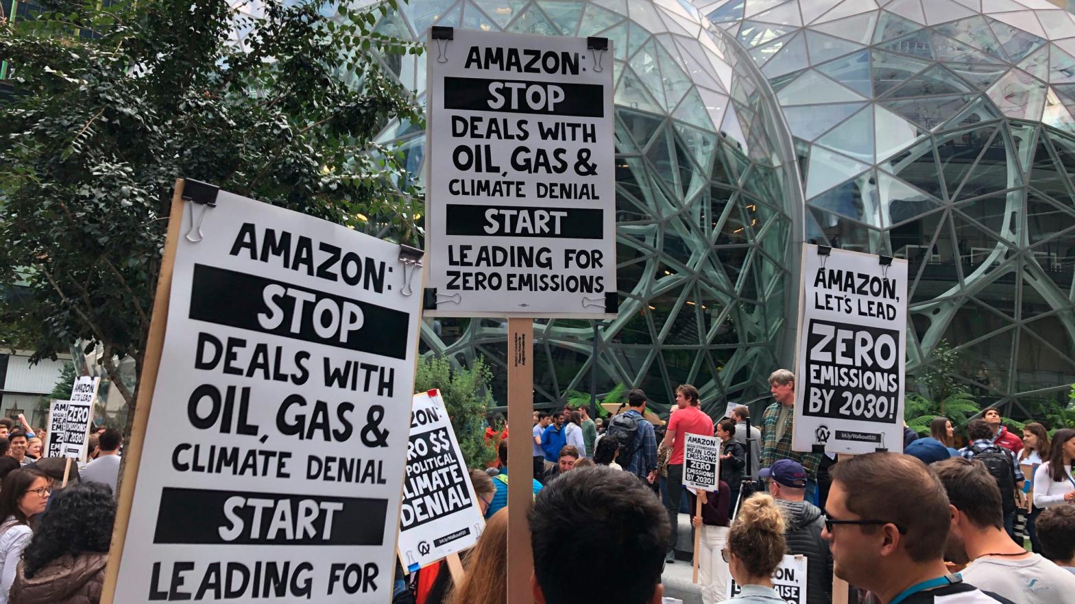 Amazon workers begin to gather in front of the Spheres, participating in the climate strike Friday, Sept. 20, 2019, in Seattle. (Photo: Elaine Thompson, AP)