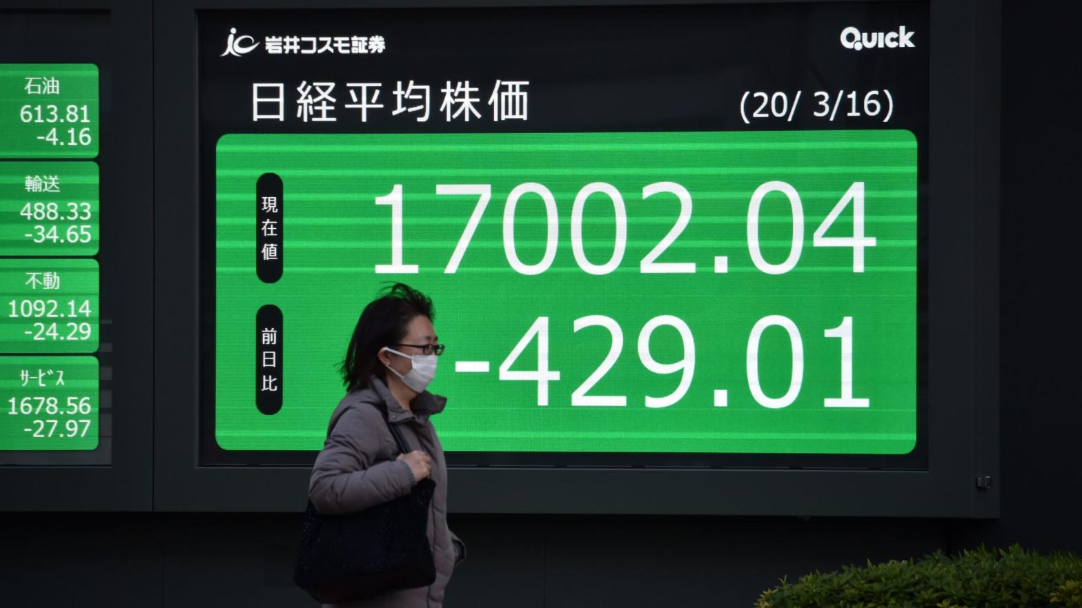 File photo of a woman passing a quotation board displaying share price closing numbers of the Tokyo Stock Exchange in Tokyo. (Photo: Kazuhiro Nogi/AFP, Getty Images)