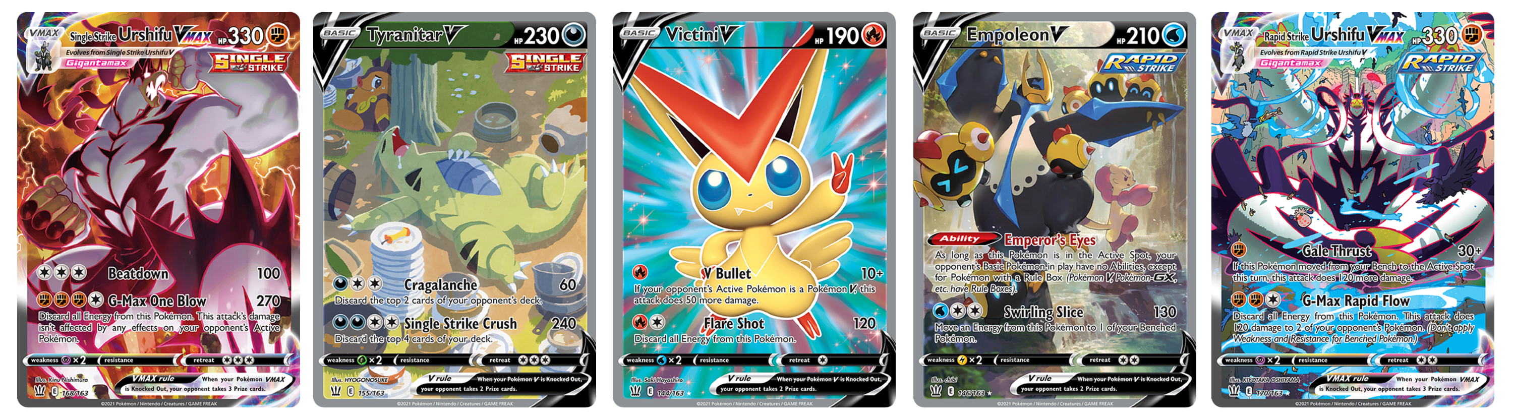 Cards featuring VMax Single Strike Urshifu, Tyranitar, Victini, Empoleon, and VMax Rapid Strike Urshifu. (Image: Kinu Nishimura, Hyogonosuke, Saki Hayashiro, chibi,/ The Pokémon Company)