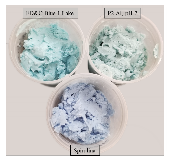 Ice cream made from a popular synthetic (top left), the new P2 compound (top right), and spirulina (bottom).  (Image: P. R. Denish et al., 2021/Science Advances)