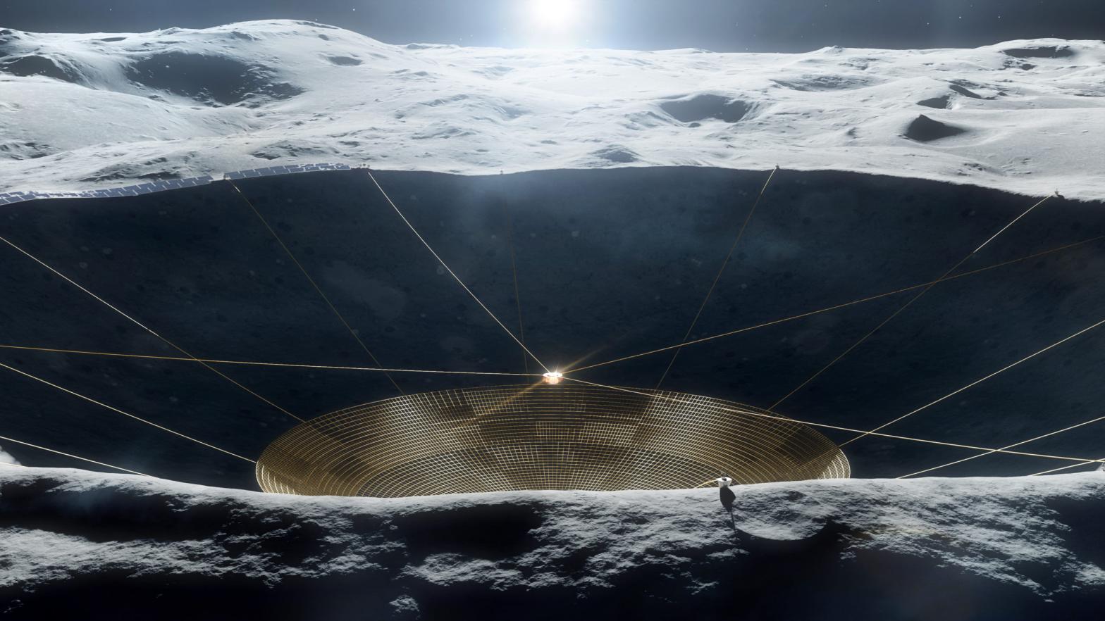 Artist's conception of a radio dish built inside the crater on the far side of the Moon.  (Illustration: Vladimir Vustyansky)
