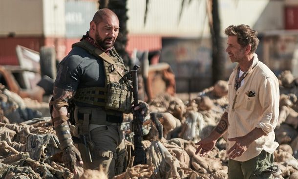 Zack Snyder, Dave Bautista, and a whole bunch of dead people.  (Photo: Netflix)