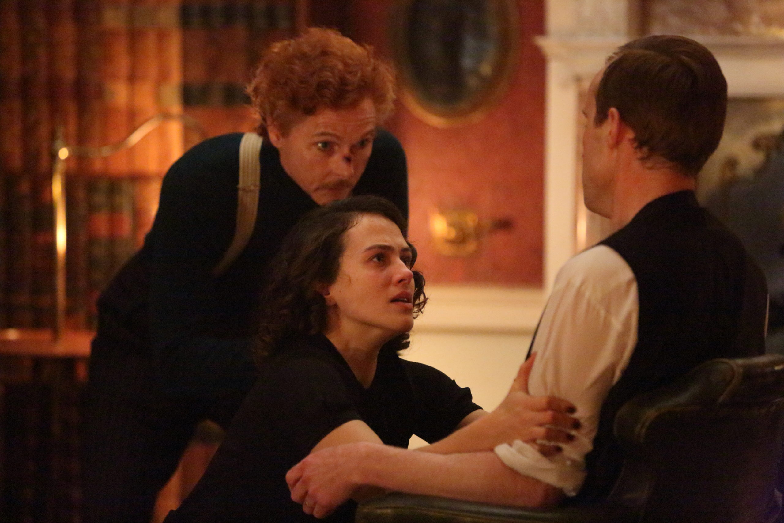 Harry Price (Sean Harris) helps a frantic Marianne (Jessica Brown Findlay) and a useless Linus (John Heffernan).