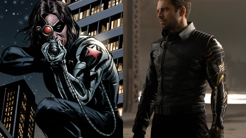 Bucky, making his shocking return in 2005's Captain America #6, and as he now appears in Falcon and the Winter Soldier. (Image: Steve Epting, Frank D’Armata, and Randy Gentile (Marvel Comics), Marvel Studios)