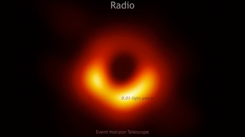 Zooming out from the M87 black hole.  (Gif: Event Horizon Telescope (EHT) Collaboration/Gizmodo)