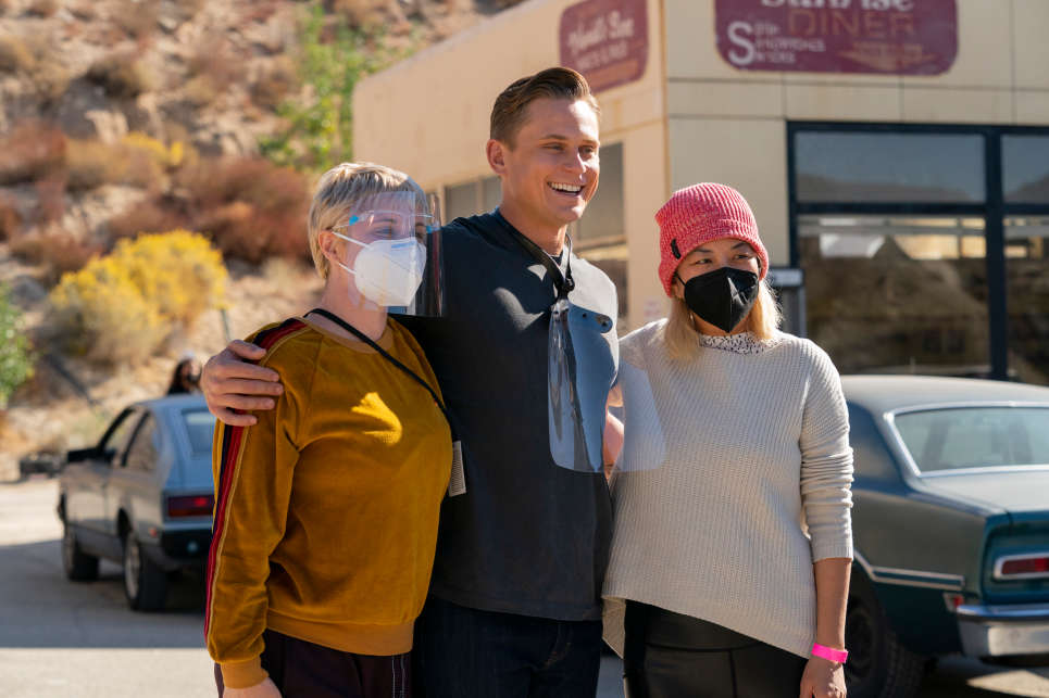 Alissa Nutting, Billy Magnussen, and Christina Lee on the set of Made for Love. (Photo: Elizabeth Morris/HBO Max)