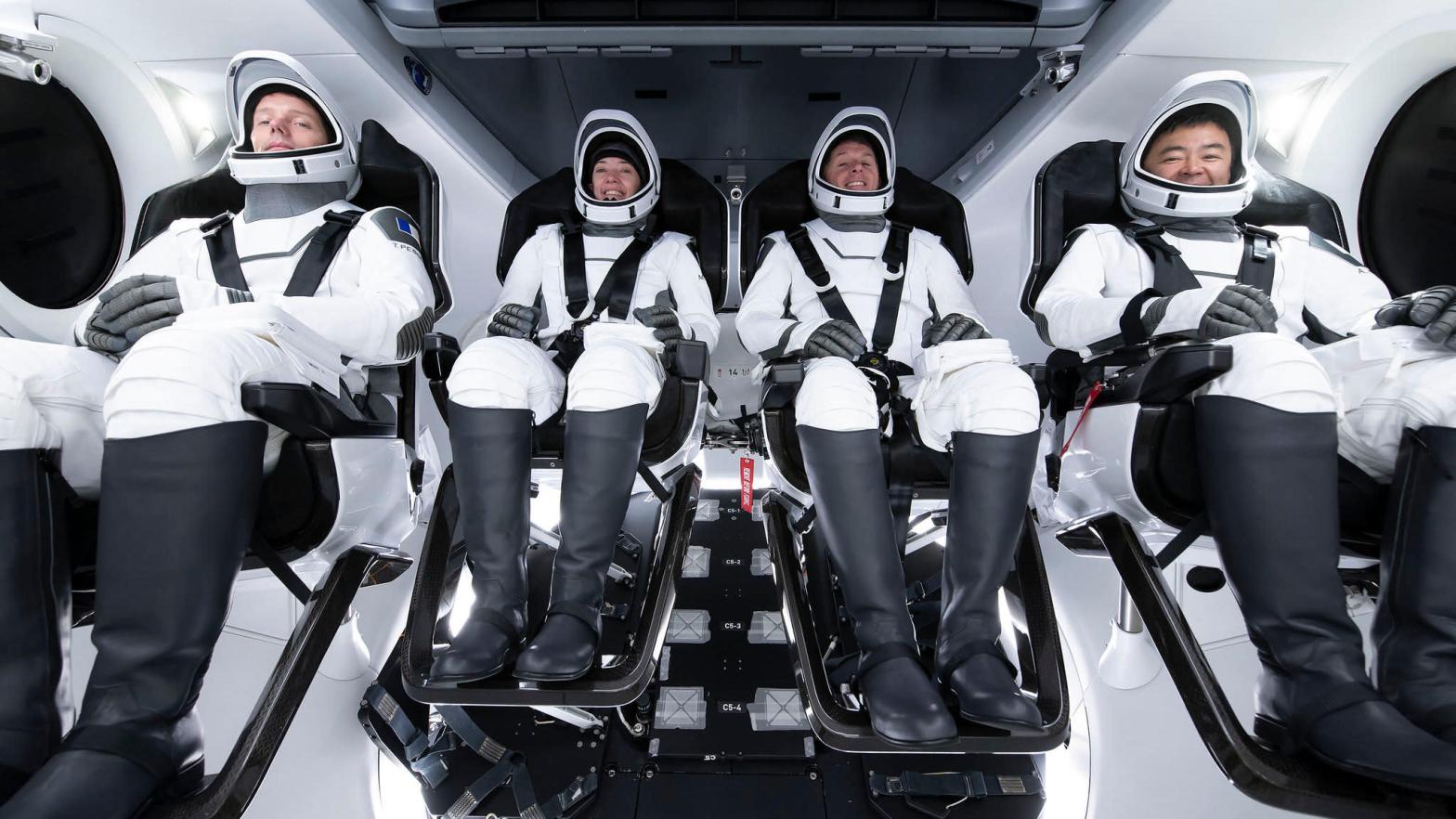 NASA's SpaceX Crew-2, as photographed during a training session. From left are, Mission Specialist Thomas Pesquet of the ESA, Pilot Megan McArthur of NASA, Commander Shane Kimbrough of NASA, and Mission Specialist Akihiko Hoshide from JAXA. (Image: SpaceX)