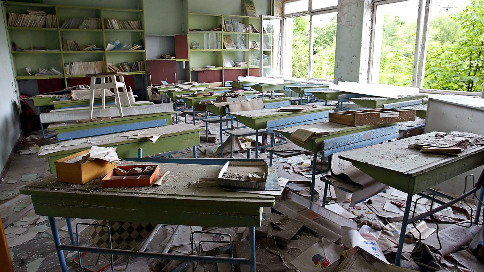 A view of an abandoned classroom on May, 26 2003, in the ghost town of Pripyat, adjacent to the Chernobyl nuclear site. (Photo: SERGEY SUPINSKI/AFP, Getty Images)