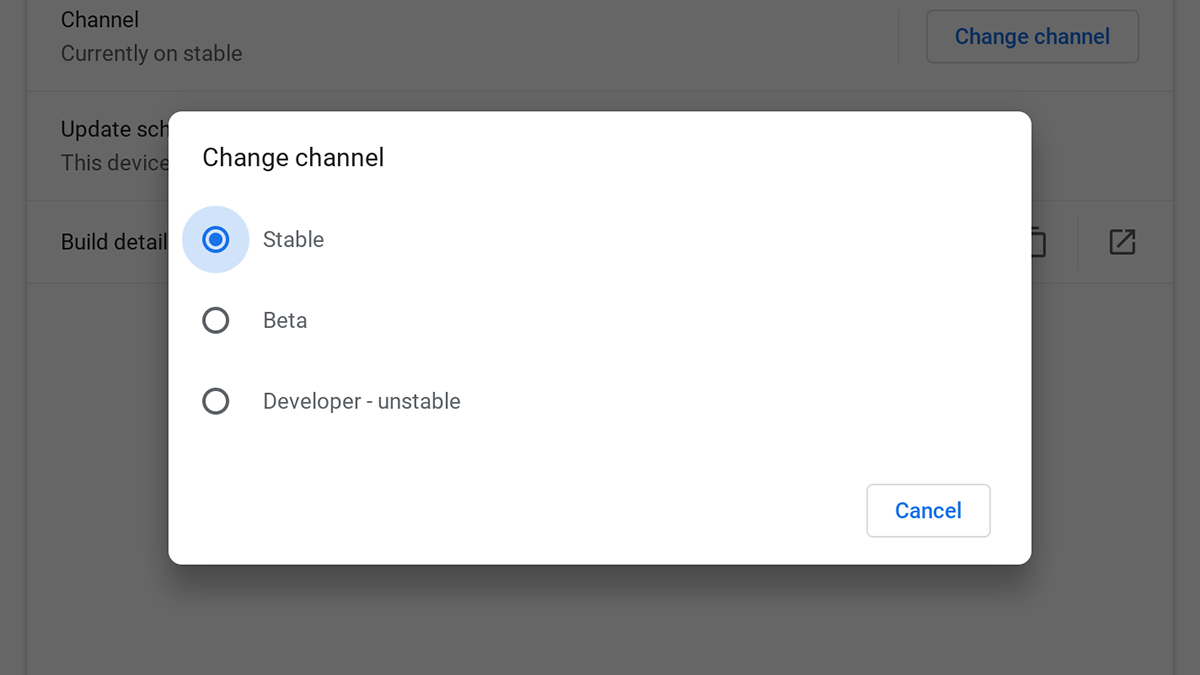 More adventurous users might want to try the Beta or Developer channels. (Screenshot: Chrome OS)