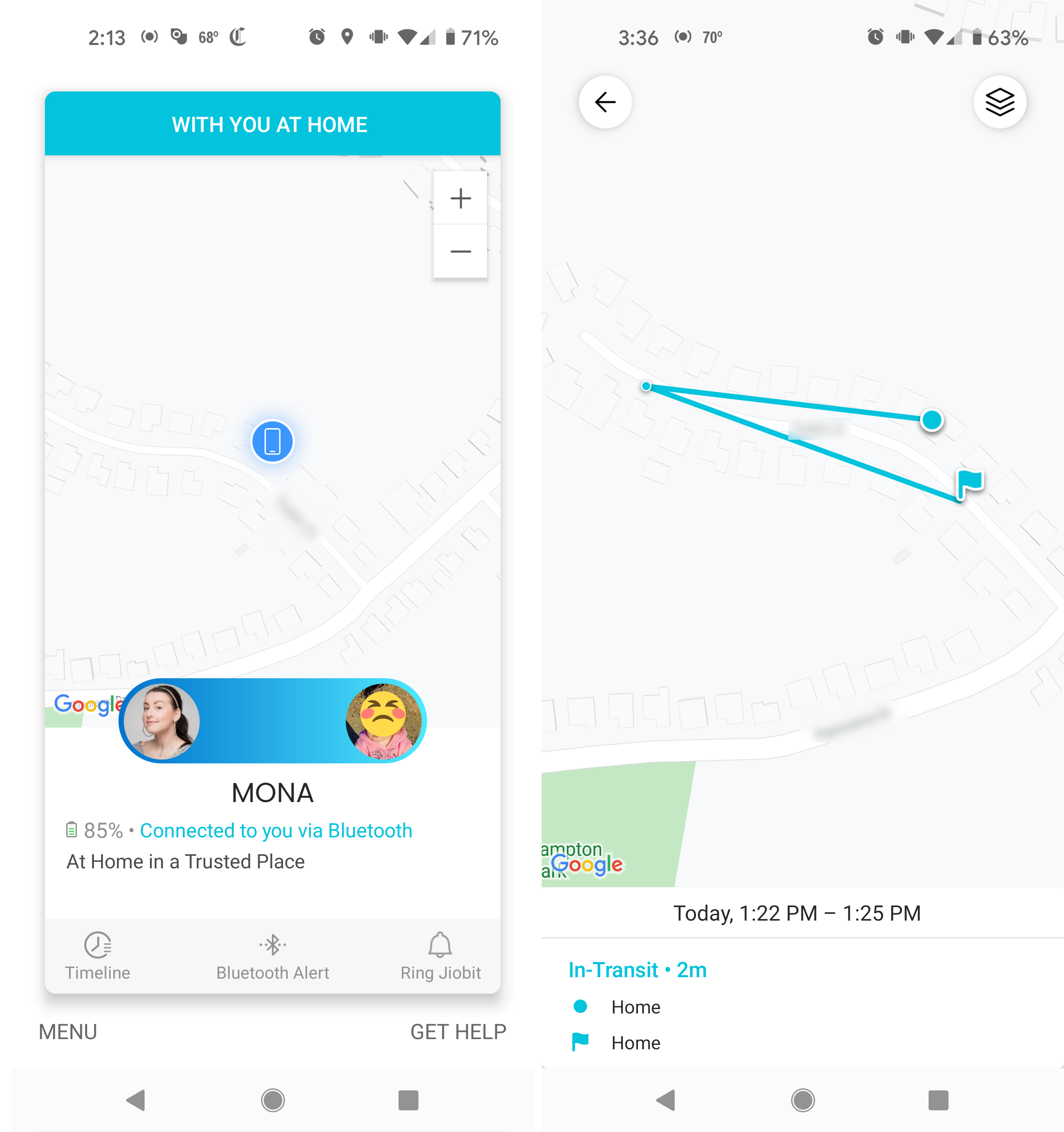 The Jiobit is accurate enough to know when my kid is at home with me or going for another walk up the street. (Screenshot: Florence Ion/Gizmodo)