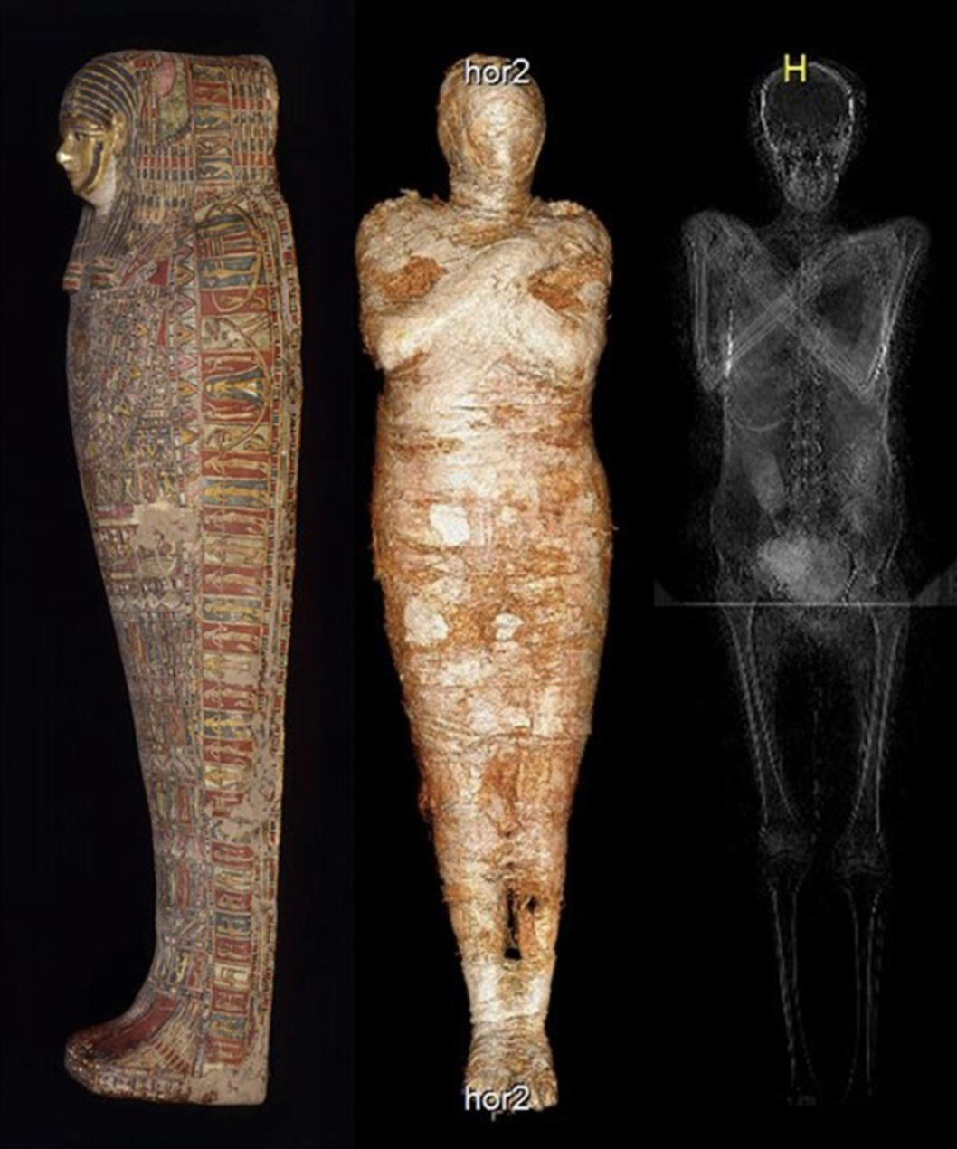 Three views, showing the coffin, the mummy, and an X-ray scan.  (Image: W. Ejsmond et al., 2021/Journal of Archaeological Science)