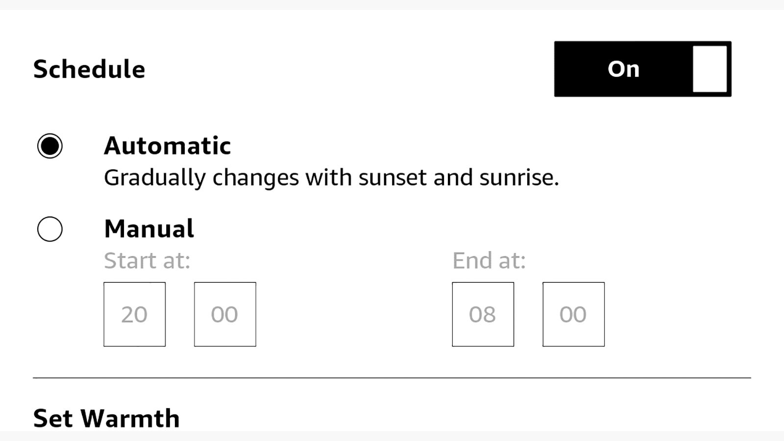 Warmth schedule options. (Screenshot: Amazon Kindle)