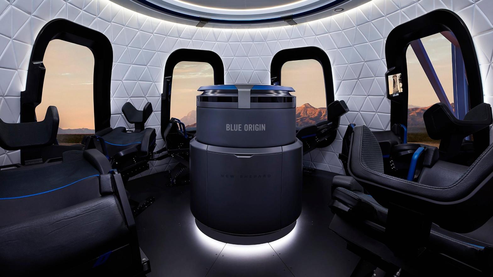 The interior of the New Shepard crew capsule.  (Image: Blue Origin)